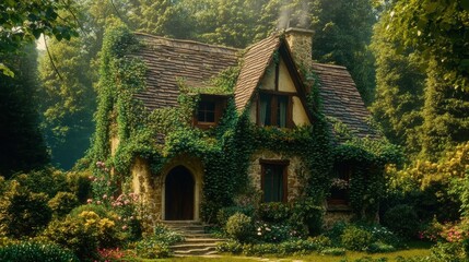 A quaint cottage covered in ivy, in a serene garden, 