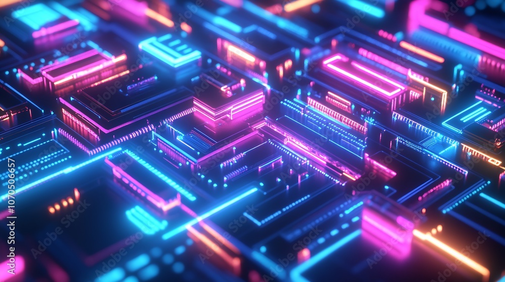Poster neon glowing circuit board with blue and pink lights representing modern digital art : generative ai