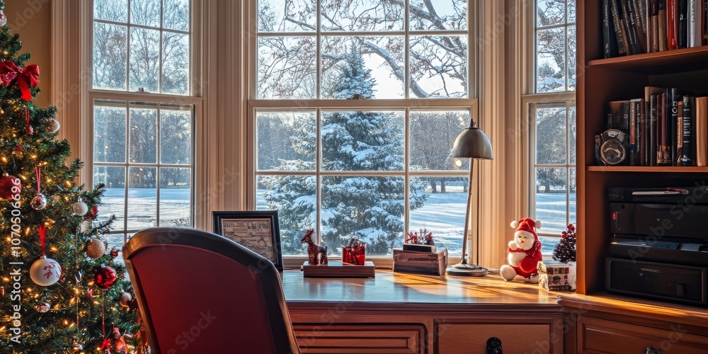 Poster a desk near a window with a christmas tree in view.