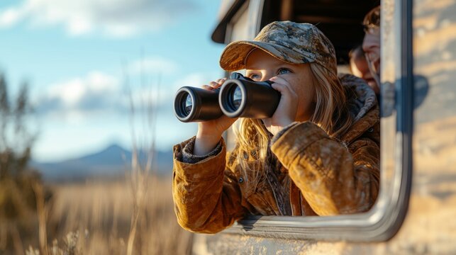 A child in a camouflage cap watches wildlife through binoculars from a vehicle window, enjoying the serene landscape under a clear sky.