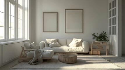 Fototapeta premium Cozy Minimalist Modern Farmhouse Living Room with Beige Linen Sofa, Vintage-Inspired Wooden Furniture, Soft Textiles, and Abundant Natural Light