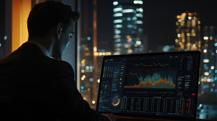 Naklejka premium A businessman analyzing data on a laptop in a city skyline at night.