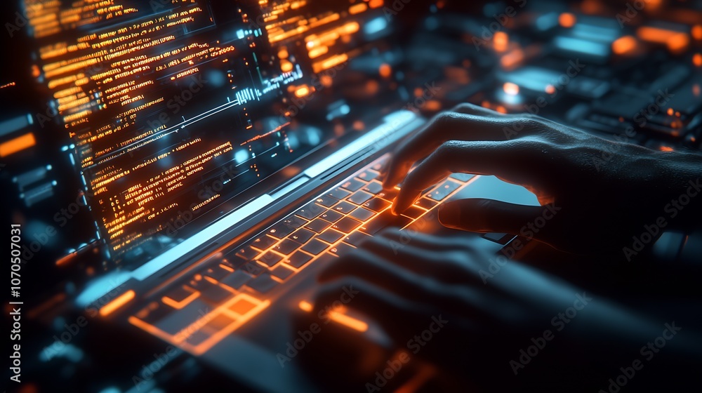 Poster Hand Typing on Futuristic LED-Lit Keyboard with Coding Screen in a Dark Room : Generative AI