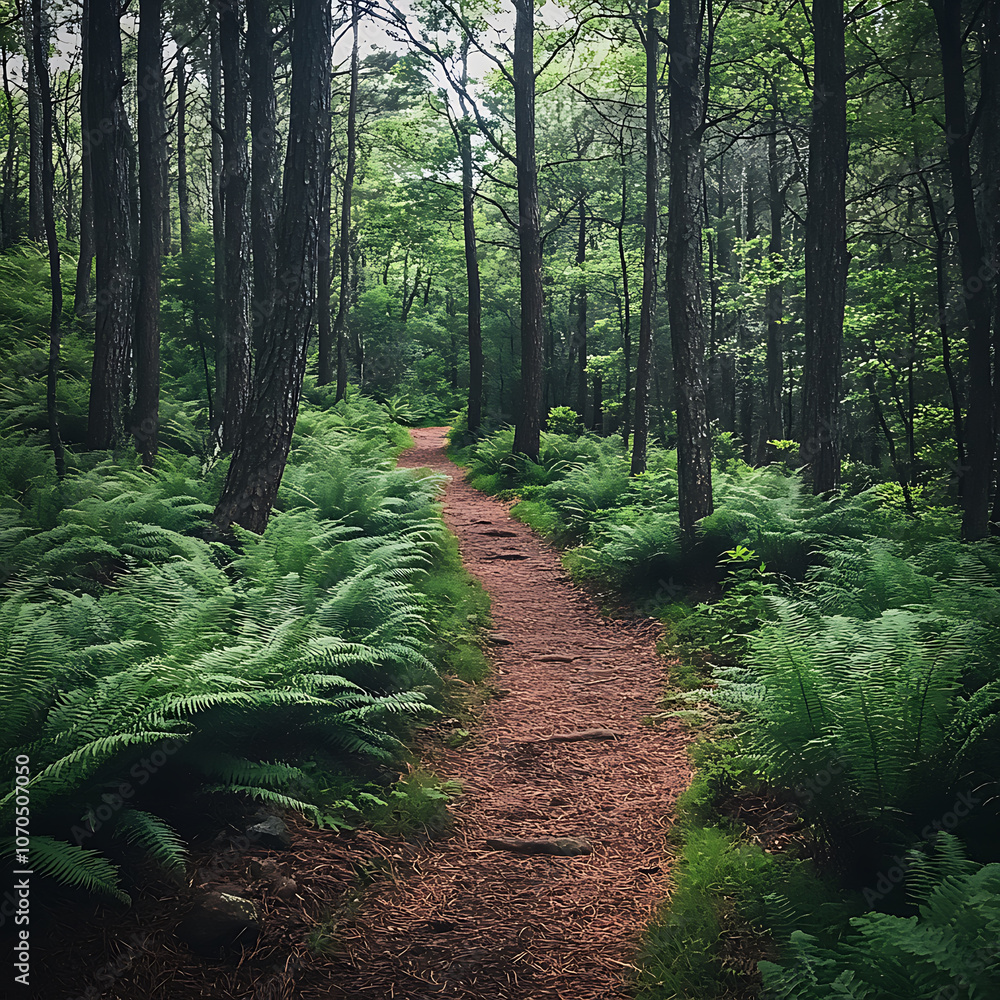 Poster serene forest path surrounded by lush ferns and tall trees, inviting exploration and tranquility. di