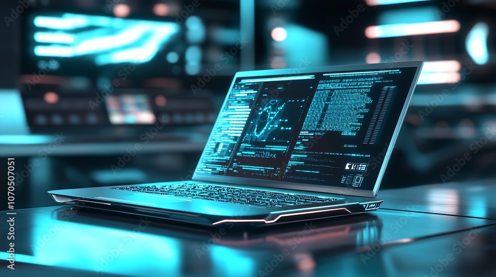 Poster Futuristic Laptop with Cybersecurity Data on Screen in Neon Lit Environment : Generative AI