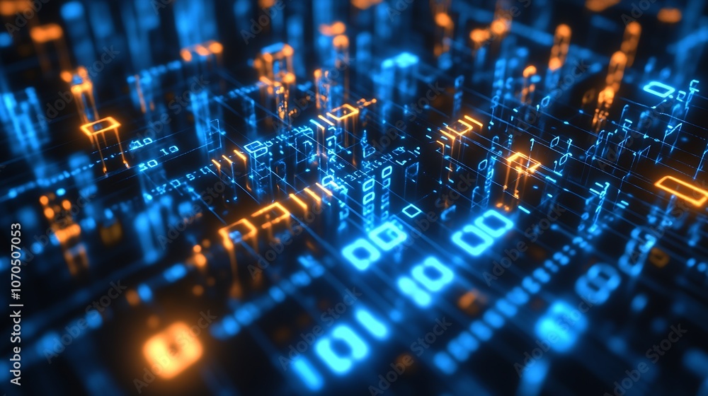 Aufkleber Abstract High-Tech Binary Code Matrix with Vibrant Orange Blue Hue : Generative AI