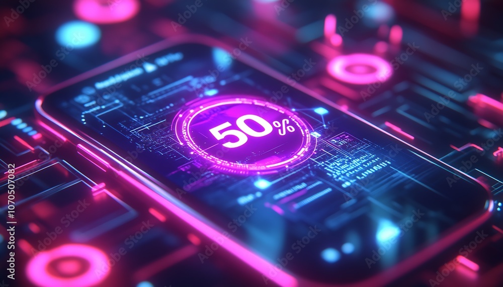 Poster futuristic smartphone with bright neon battery charging display in technology concept : generative a