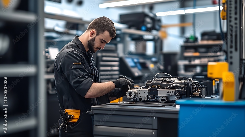 Aufkleber Focused Engineer Adjusting Machinery Settings in High-Tech Manufacturing Environment : Generative AI
