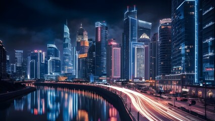 Fototapeta premium Vibrant Cityscape at Night – Capturing the Essence of Urban Life