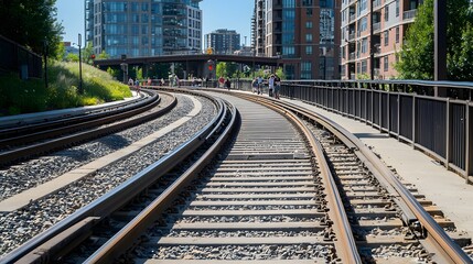Fototapeta premium Urban Harmony A Dynamic Rail and Road Network Winding Through Modern Architecture and Greenery - Capturing Vibrant City Life with Late Afternoon Shadows and People on the Move