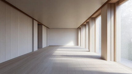 Spacious modern interior with natural light and minimalist design in a tranquil setting