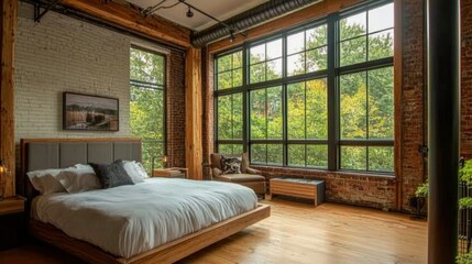 Fototapeta premium Cozy bedroom loft with an open floor, large windows, and minimal furnishings, blending natural elements with contemporary decor for a modern feel