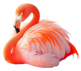 A pink flamingo is laying on its back with its head down. Concept of relaxation and tranquility, as the bird appears to be at ease in its natural habitat