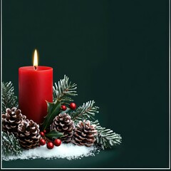A Red Christmas Candle Flickers in the Falling Snow.A single, lit red candle sits nestled in snow amongst festive pine branches, holly berries, and pine cones against a dark green background