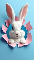 Obraz premium A white bunny with blue eyes peeks through a torn pink paper hole against a blue background. Copy space Easter greeting card