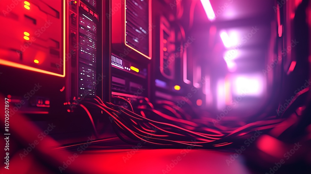 Poster Sleek and Modern Server Room with Pulsating Red Technological Aesthetics : Generative AI
