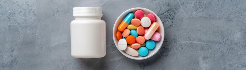 Elegant packaging of a cleanser next to a bowl of colorful vitamins, cleanser aesthetics vitamins, premium beauty products
