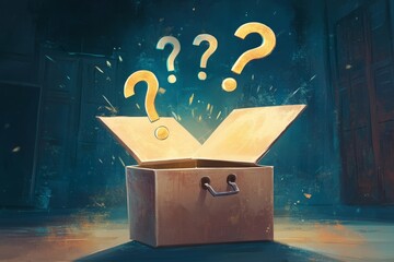 A fun mystery box with question marks flying out of it, fun quiz box, logo, illustration	
