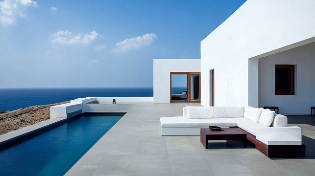 Modern minimalist outdoor living space with white architecture and stunning ocean view