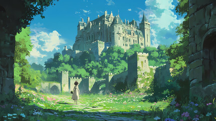 Enchanted castle grounds grounds around a magical cast flat anime. Enchanted. Illustration