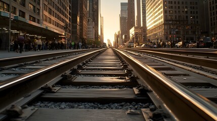 Urban Railway Track and Main Road in Cityscape - Bustling City Life with Skyscrapers and Pedestrians Under Soft Golden Afternoon Light