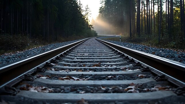 Serene Dawn in the Forest - Parallel Rail Tracks and Winding Road Amidst Tall Pines and Sunlight Shafts