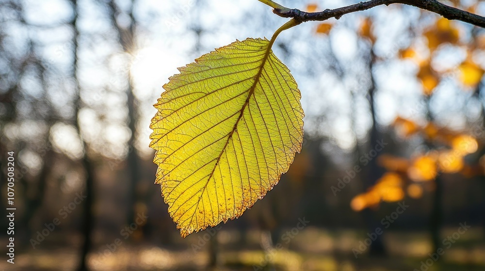 Poster close-up of a single yellow leaf on a branch with a blurred forest background.