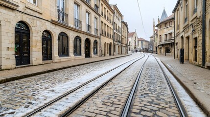 Fototapeta premium Winter Serenity in an Ancient Town - Cobblestone Road with Medieval Buildings and Light Snowfall Alongside 15 Railway Tracks
