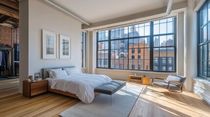 Fototapeta premium Modern bedroom loft with open layout, wood floors, big windows, and simple furnishings; natural light brightens the spacious, minimalist design
