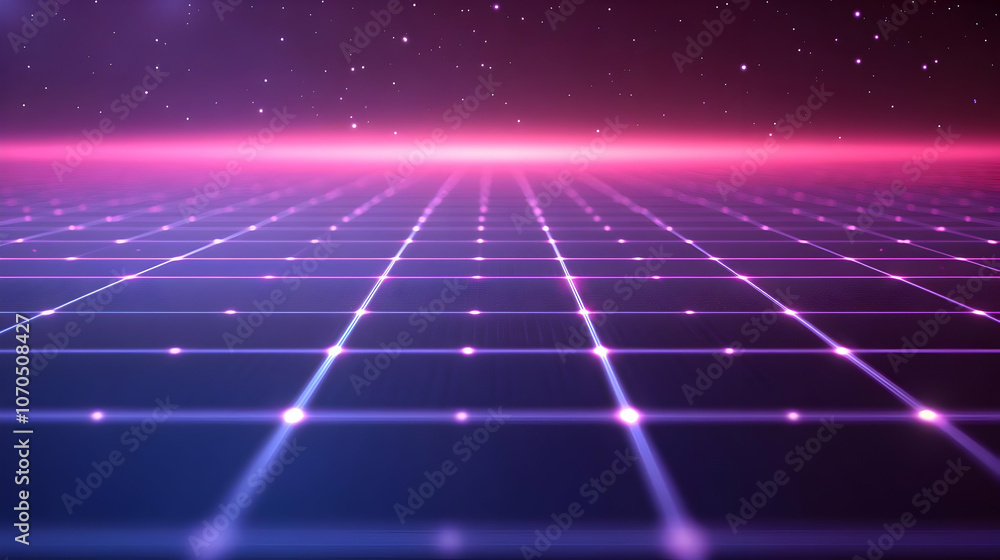 Poster 3d abstract grid background with glowing lines and purple gradient