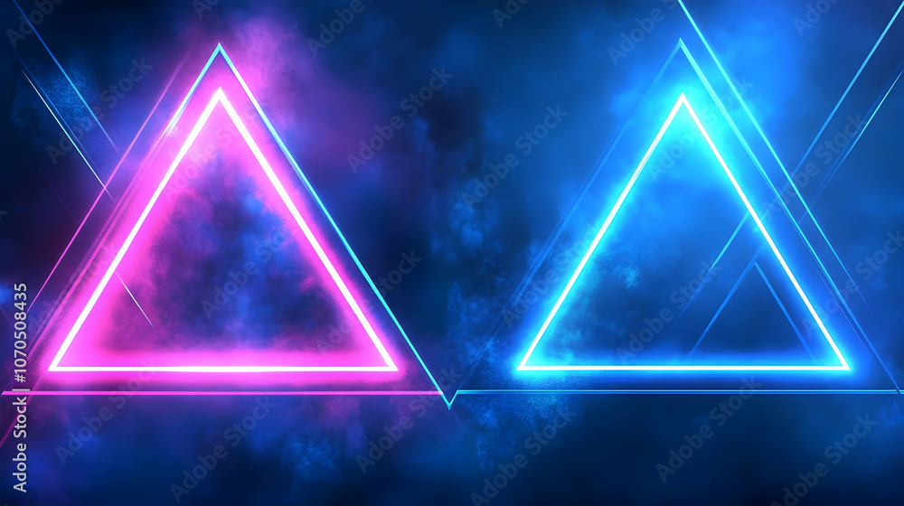 Poster abstract neon triangle shapes with glowing lines and foggy background