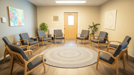 Tranquil psychology meeting room with circle of comfortable chairs. Group discussions, therapy sessions, workshops. Mental health treatment. Meet of anonymous drug addicts, alcoholics.