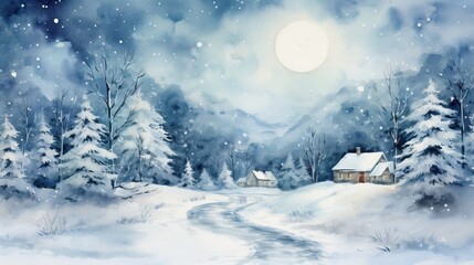 A serene winter landscape featuring snow-covered trees, a winding path, and cozy houses under a bright moonlight.