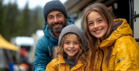 A family of three stands together outside a camper, smiling cheerfully. The children wear bright yellow jackets, and the father, dressed warmly, enjoys a joyful moment with them in nature.