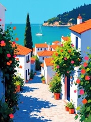 illustration of a picturesque Mediterranean coastal village with narrow cobblestone street, white-walled buildings, terracotta roofs, vibrant bougainvillea, and a calm blue sea