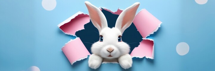 Fototapeta premium A white bunny with blue eyes peeks through a torn pink paper hole against a blue background. Copy space Easter greeting card