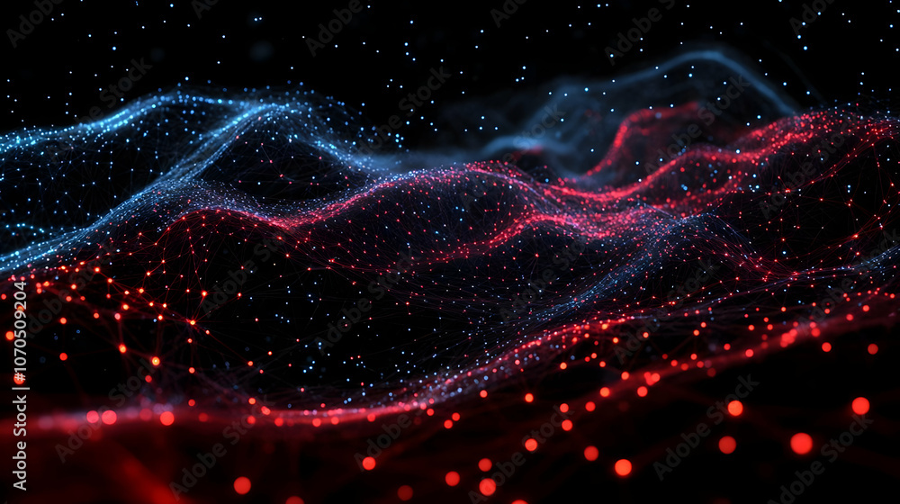 Poster abstract 3d digital landscape with red and blue glowing lights, connected by lines, creating a futur