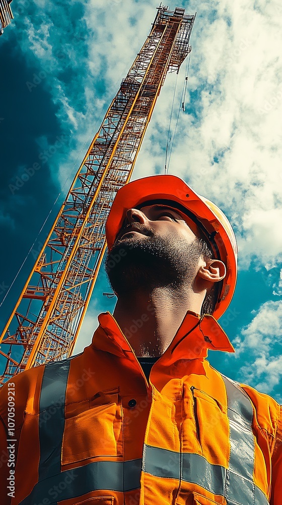 Poster Confident Construction Worker in High-Vis Jacket and Helmet Beside a Towering Crane with Blue Sky Above : Generative AI