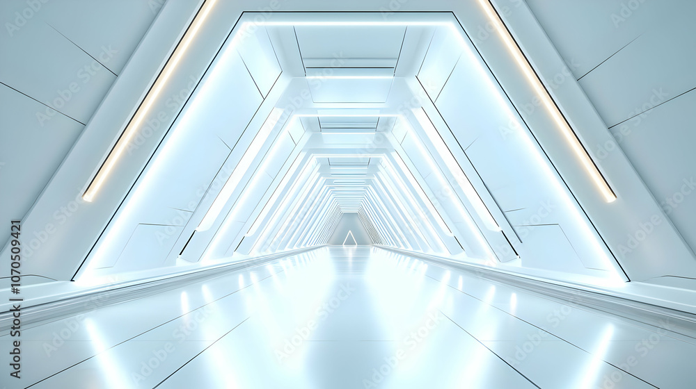 Poster a futuristic white corridor with bright lights and a triangular design leading to the end of the tun