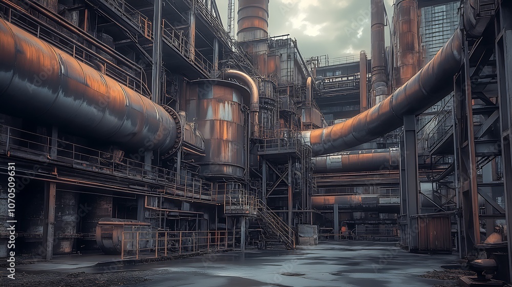 Poster Rustic Industrial Complex with Metallic Structures Under Cloudy Sky : Generative AI