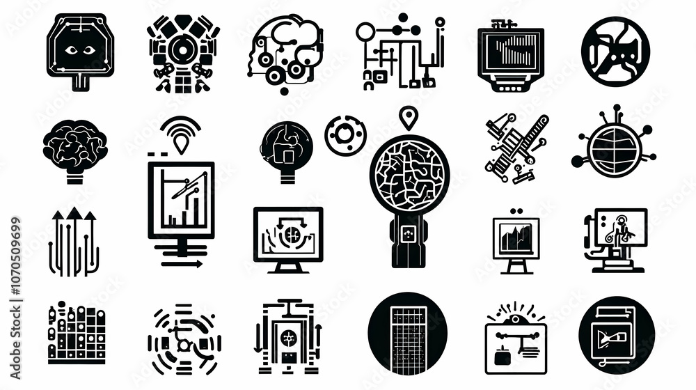 Poster collection of black and white icons representing technology and data concepts, including circuit boa