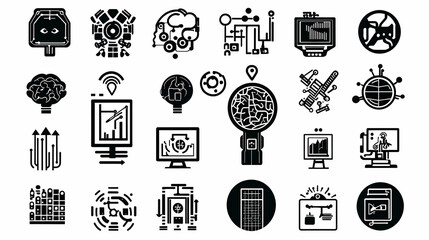 Collection of Black and White Icons Representing Technology and Data Concepts, Including Circuit Boards, Brains, and Network Connections