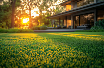 Beautiful green grass on the lawn in front of a modern house with sunset light, focused on a short depth of field, with a bokeh background, leaving space for copy. 