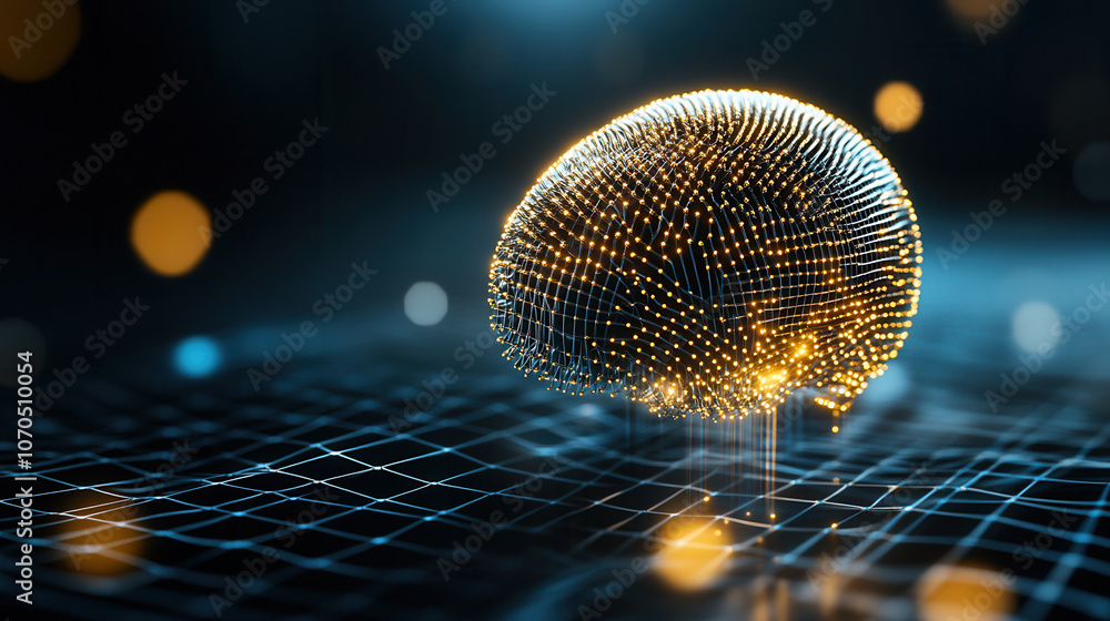 Poster 3d rendering of brain sculpture with glowing lights and digital grid background, symbolizing technol