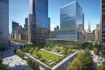 Obraz premium A green business district with rooftop gardens