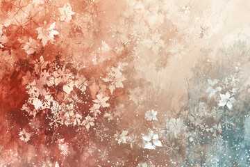 Soft watercolor background featuring delicate leaves and snowflakes in warm and cool tones, creating serene winter atmosphere