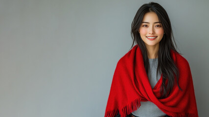 Fototapeta premium Chinese woman wearing traditional cloak wool poncho isolated on gray
