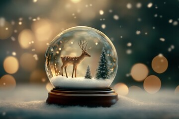 A whimsical snow globe with a tiny reindeer and Christmas tree inside, surrounded by falling snow and warm, soft bokeh lights