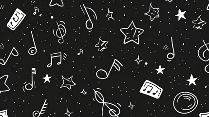 Minimalist white-on-black background, music notes and stars doodle art for kids