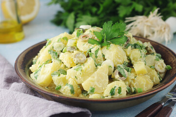 A bowl with Greek potato salads